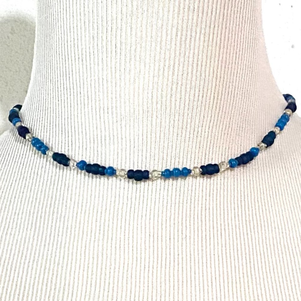 Handmade Blue Glass Seed Bead 16 Inch Boho Artisan Necklace
